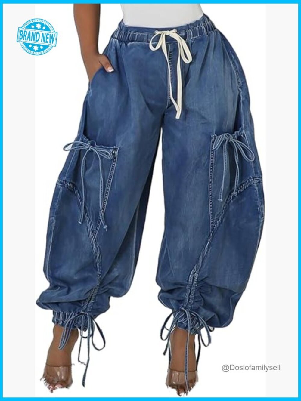 Y2K Baggy Cargo Jogger Jeans High Waisted Wide Leg Drawstring Harem Denim Pants